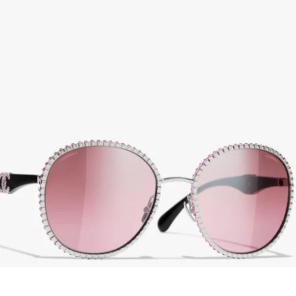 SOLD 21K Chanel 2022 SE UV Round Sunglasses: Metal/Strass Silver, Pink Mirrored - Picture 10 of 12